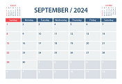 2024年9月日历规划矢量模板。一周从周日开始