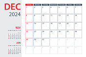 2024年12月日历规划矢量模板。一周从周日开始