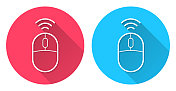 无线电脑鼠标。圆形图标与长阴影在红色或蓝色的背景