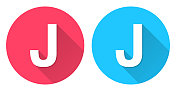 字母j圆形图标与长阴影在红色或蓝色的背景