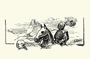 一个中世纪骑士穿着盔甲骑在城堡前的素描，幻想，探索，冒险