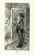小男孩在看马戏团的广告海报，19世纪90年代的维多利亚艺术