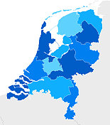 高详细的荷兰蓝色地图与地区和国家边界的比利时，德国，丹麦，英国