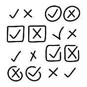 手绘复选标记图标。涂鸦的选中标记。投票、考试、调查 手绘复选标记图标。涂鸦的选中标记。投票、考试、调查