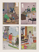 日本妇女的家庭场景，彩色半色调版画，1900年出版