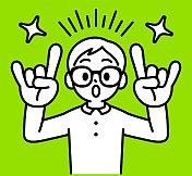 一个戴着角框眼镜的好学男孩举起双手，做出“You Rock!”的手势，看着观众，极简风格，黑白轮廓