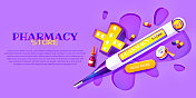 以卡通风格的网上购物理念。彩色背景上用于治疗的医疗产品和药品。网上销售药品，网上药店。时尚的网页模板。