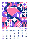 2024年2月日历-抽象几何包豪斯形状风格。矢量色彩艺术设计