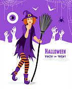 万圣节的概念。一个年轻美丽的女巫。 万圣节的概念。一个年轻美丽的女巫。