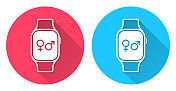 带有性别符号的智能手表。圆形图标与长阴影在红色或蓝色的背景