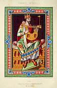 中世纪早期的国王，手持一把七弦琴，十世纪法国艺术品