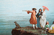 一个人通过望远镜望向大海的复古插图，忠诚的狗，18世纪风格