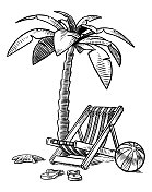 沙滩椅，棕榈树，海星，沙滩球和人字拖。假期插图。