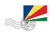 塞舌尔邮票。明信片矢量插图与塞舌尔国旗孤立的白色背景。