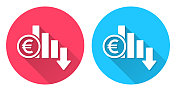 欧元利率下降。圆形图标与长阴影在红色或蓝色的背景