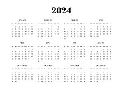 12个月的日历为2024年，周日开始-白色背景