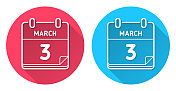 3月3日。圆形图标与长阴影在红色或蓝色的背景