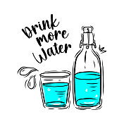 喝更多的水字母矢量插图。手绘的海报，横幅，贺卡，t恤的鼓舞人心的文字。