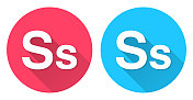 字母S -大写和小写。圆形图标与长阴影在红色或蓝色的背景