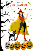 万圣节的概念。一个年轻美丽的女巫。万圣节的海报。 万圣节的概念。一个年轻美丽的女巫。万圣节的海报。