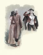 男女，时期服装，法国时装18世纪风格，燕尾服，披风或斗篷