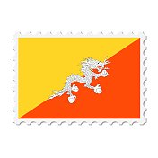 不丹邮票。明信片矢量插图与不丹国旗孤立的白色背景。