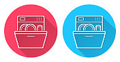 洗碗机。圆形图标与长阴影在红色或蓝色的背景