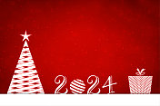 闪闪发光的圣诞水平暗红色栗色矢量背景与快乐的新年文字2024和白色的装饰品抽象圣诞树交叉设计，礼盒，小装饰品，星星和闪亮的点在明亮的充满活力的栗色背景