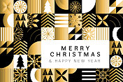 圣诞快乐，新年快乐问候抽象几何金色和黑色马赛克贺卡平面设计模板与雪花，圣诞树和条纹