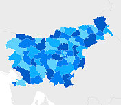 高详细的斯洛文尼亚蓝色地图，克罗地亚，匈牙利，奥地利，意大利的地区和国家边界
