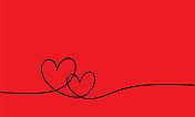爱情，浪漫概念矢量插图。两颗心的连续线条画。