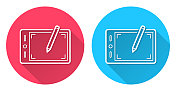 图形平板电脑。圆形图标与长阴影在红色或蓝色的背景