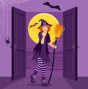 万圣节的概念。一个年轻美丽的女巫。万圣节的海报。