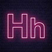 字母H -大写和小写。在砖墙背景上发光的霓虹灯图标