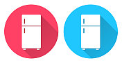 冰箱。圆形图标与长阴影在红色或蓝色的背景