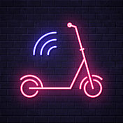 连接摩托车。在砖墙背景上发光的霓虹灯图标