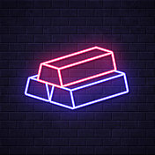 黄金锭。在砖墙背景上发光的霓虹灯图标