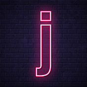 字母j.在砖墙背景上发光的霓虹灯图标