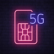 5G SIM卡。在砖墙背景上发光的霓虹灯图标