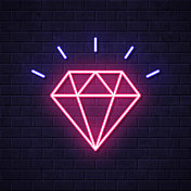 钻石。在砖墙背景上发光的霓虹灯图标 钻石。在砖墙背景上发光的霓虹灯图标