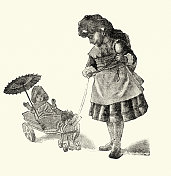 小女孩在玩她的玩具,娃娃,维多利亚儿童读物插图,19世纪 小女孩在玩她的玩具,娃娃,维多利亚儿童读物插图,19世纪