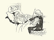 19世纪维多利亚时代儿童读物插图，一个男孩为躺在床上的生病女孩拉小提琴