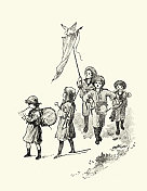 19世纪,维多利亚时代,一群孩子在游行乐队演奏 19世纪,维多利亚时代,一群孩子在游行乐队演奏