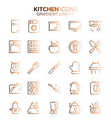 厨房-梯度细线矢量图标集-烹饪，配方，厨师，食物，符号，家庭厨房，童年，午餐，家庭房间