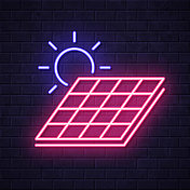 太阳能电池板与太阳。在砖墙背景上发光的霓虹灯图标