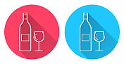 酒瓶和酒杯。圆形图标与长阴影在红色或蓝色的背景
