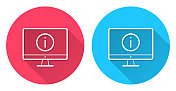 带有信息标志的台式电脑。圆形图标与长阴影在红色或蓝色的背景