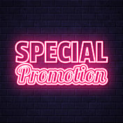 特殊的推广。在砖墙背景上发光的霓虹灯图标 特殊的推广。在砖墙背景上发光的霓虹灯图标