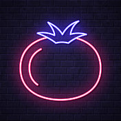 番茄。在砖墙背景上发光的霓虹灯图标