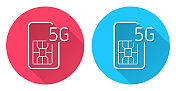5G SIM卡。圆形图标与长阴影在红色或蓝色的背景